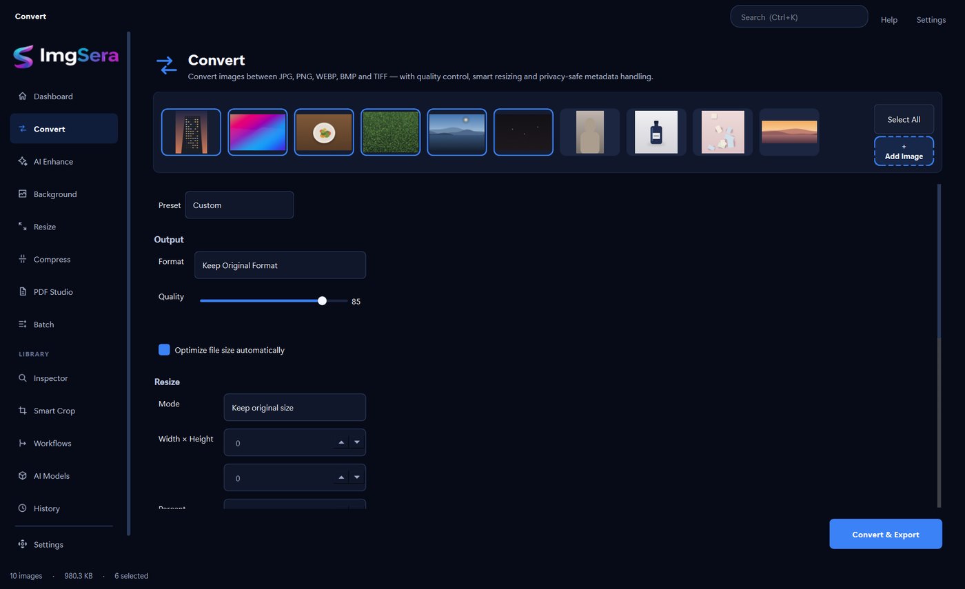ImgSera Convert view with ten imported images queued. Controls show a preset selector, JPEG output format, a quality slider set to 85, automatic optimisation, and resize mode, width, height and percentage settings, ending in a Convert and Export button.