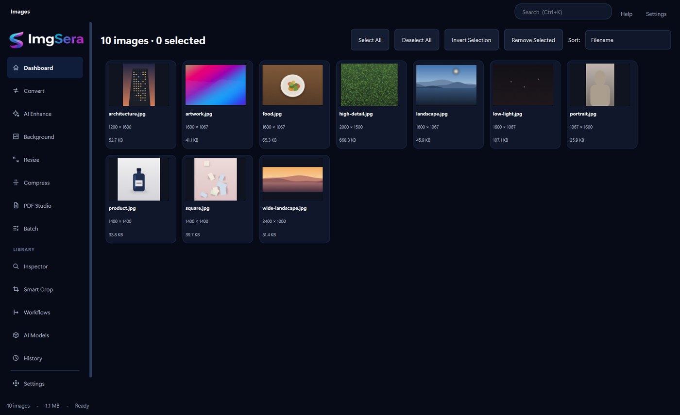 ImgSera 1.0.0 dashboard in its Midnight Aurora theme, with ten images imported. The sidebar lists Dashboard, Convert, AI Enhance, Background, Resize, Compress, PDF Studio, Batch, Inspector, Smart Crop, Product Studio, Workflows, AI Models, History and Settings. Below the loaded image strip sits an Ask Sera prompt field.