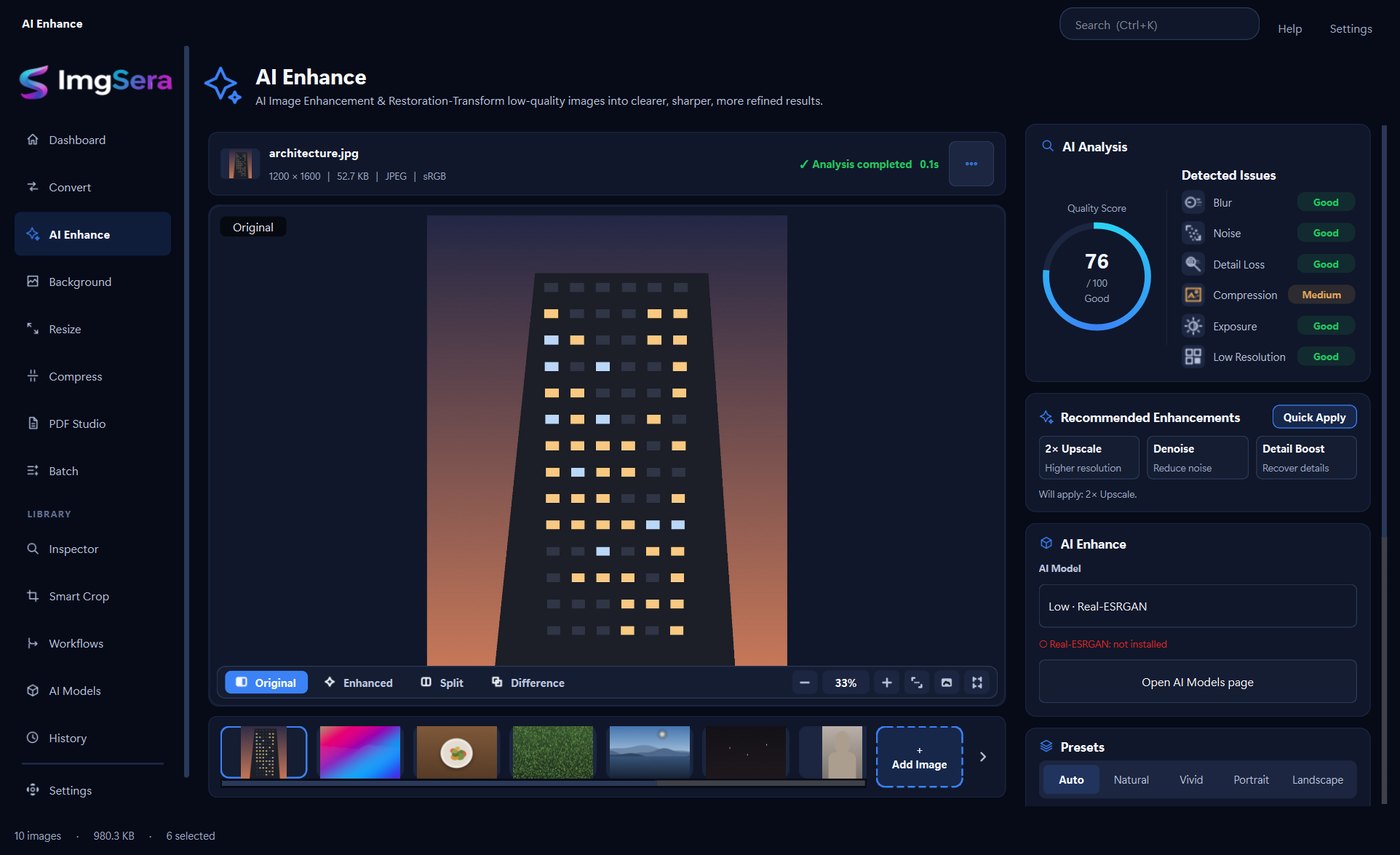 ImgSera AI Enhance view offering an upscale factor and an output location, with progress feedback while the model runs locally.