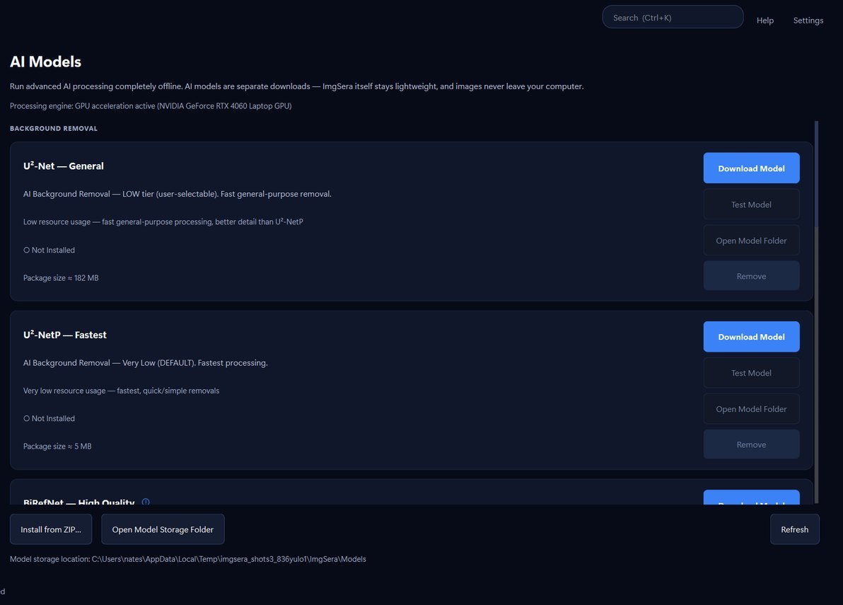 ImgSera AI Models page listing background-removal models such as U²-Net General and U²-Net Fastest, each with a Download Model button, an install state, package size, and options to Test Model, Open Model Folder or Remove.
